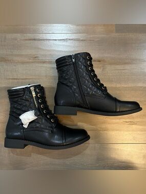 Shoe Dazzle Black Quilted Lace-Up Ankle Boots with Side Zipper